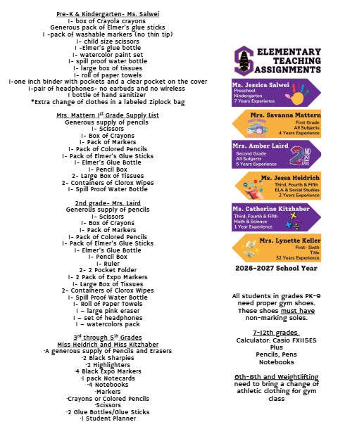 Supply list and teacher assignment list